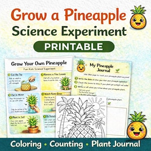 Op de afbeelding: Een afdrukbaar wetenschappelijk experiment getiteld "Kweek een Ananas". De afbeelding bevat instructies voor het kweken van een ananas, een kleurplaat en een dagboek. De tekst bevat "Fun Kids Science Experiment" en "Kleurplaten, Tellen, Plantendagboek".