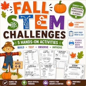 Może przedstawiać: Zestaw edukacyjny Fall STEM Challenges z wizerunkiem stracha na wróble, dyń i jesiennych liści. Dokument zawiera pięć arkuszy do druku z wyzwaniami takimi jak wieża z dyń, test pływania liści oraz certyfikat STEM.