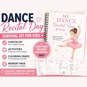 Può includere: Un kit di sopravvivenza "Dance Recital Day" rosa e bianco per bambini. Il kit include una lista di controllo, attività, pagine da colorare e una pagina di memoria. Include anche un libro rilegato a spirale intitolato "My Dance Recital Day Book".