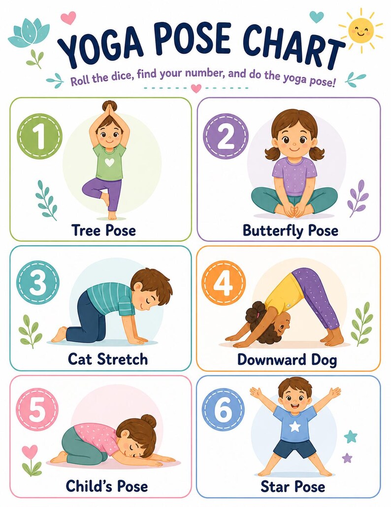 May include: A colorful yoga pose chart with illustrations of children demonstrating various yoga poses. The chart includes poses like Tree Pose, Butterfly Pose, Cat Stretch, Downward Dog, Child's Pose, and Star Pose. The text "YOGA POSE CHART" is at the top.