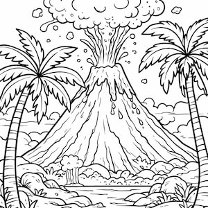 May include: A black and white line art coloring page illustration featuring a large erupting volcano in the center, surrounded by tropical palm trees on both sides, with rocky terrain, small plants, and clouds in the sky above the landscape.