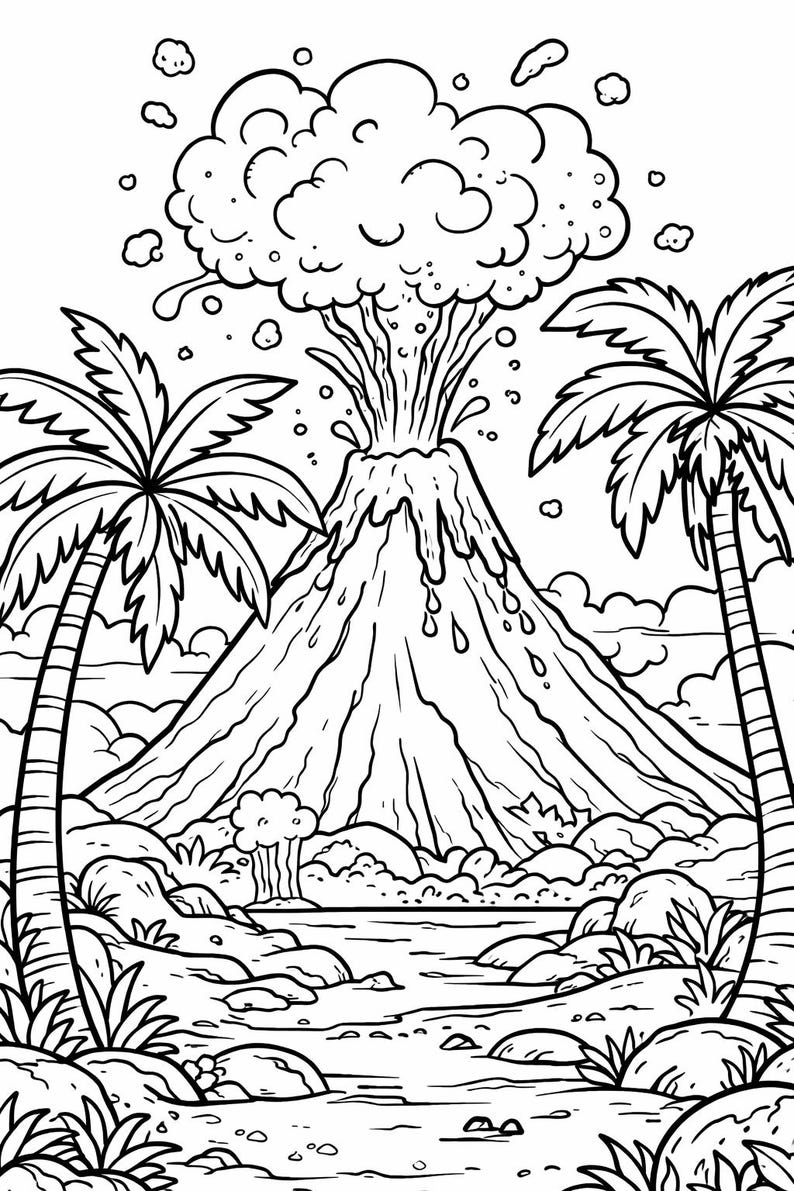 May include: A black and white line art coloring page illustration featuring a large erupting volcano in the center, surrounded by tropical palm trees on both sides, with rocky terrain, small plants, and clouds in the sky above the landscape.