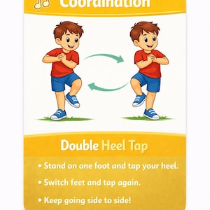 Pu&ograve; includere: Una carta gialla con la parola "Coordinazione" e un'icona di nota musicale. La carta mostra un ragazzo dei cartoni animati che esegue l'esercizio "Double Heel Tap". Le istruzioni sono elencate di seguito.