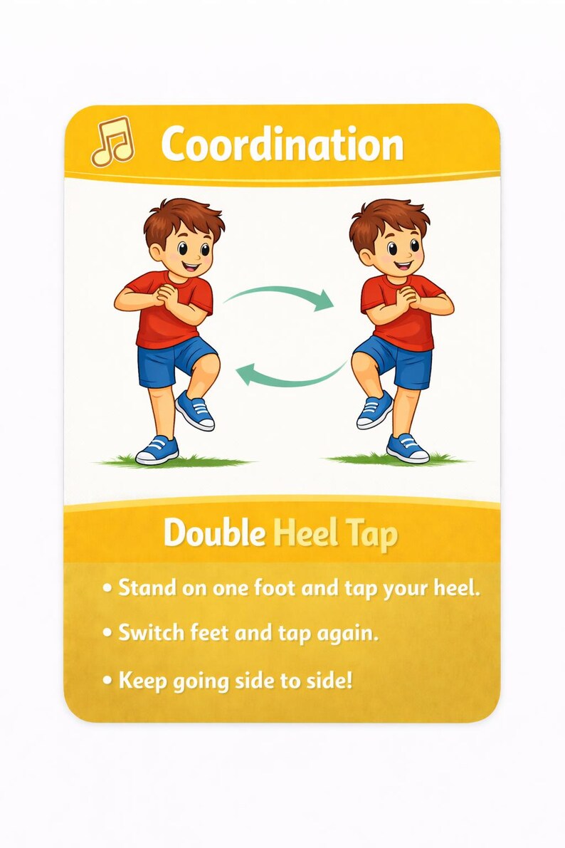 Pu&ograve; includere: Una carta gialla con la parola "Coordinazione" e un'icona di nota musicale. La carta mostra un ragazzo dei cartoni animati che esegue l'esercizio "Double Heel Tap". Le istruzioni sono elencate di seguito.