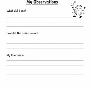May include: A black and white printable worksheet titled Dancing Raisins Experiment My Observations. It features a cartoon raisin character, lines for writing responses to prompts about observations, movement, and conclusions, and Madalynn Rose Creations.