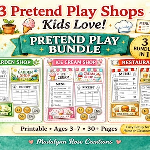 May include: A printable pretend play bundle featuring three shops: a garden shop, an ice cream shop, and a restaurant. Each shop includes menus, receipts, and play money. The design is colorful with illustrations of food and gardening tools.