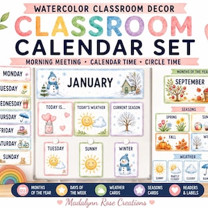 Puede incluir: Un conjunto de calendario para el aula en acuarela que incluye encabezados, días de la semana, meses, estaciones y tarjetas meteorológicas. El set presenta ilustraciones de un muñeco de nieve, sol, árboles y elementos estacionales.