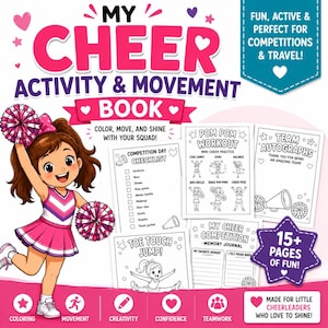 Könnte beinhalten: Ein rosa-weißes Cheerleading-Aktivitätsbuch mit dem Titel "My Cheer Activity & Movement Book". Das Cover zeigt einen Cartoon-Cheerleader mit Pompons. Enthält Seiten zum Ausmalen, Bewegen und Team-Autogramme. Für kleine Cheerleader.