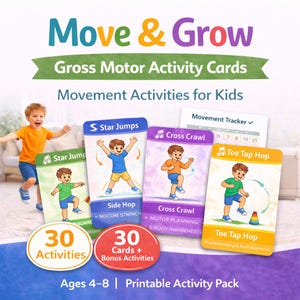 Pu&ograve; includere: Un pacchetto di attivit&agrave; colorato intitolato "Move & Grow" con "Schede di attivit&agrave; motorie" per bambini dai 4 agli 8 anni. L'immagine mostra schede con illustrazioni di bambini che eseguono esercizi come Star Jumps e Cross Crawl. Include 30 attivit&agrave; e attivit&agrave; bonus.