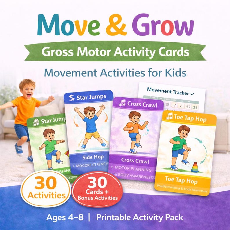 Pu&ograve; includere: Un pacchetto di attivit&agrave; colorato intitolato "Move & Grow" con "Schede di attivit&agrave; motorie" per bambini dai 4 agli 8 anni. L'immagine mostra schede con illustrazioni di bambini che eseguono esercizi come Star Jumps e Cross Crawl. Include 30 attivit&agrave; e attivit&agrave; bonus.