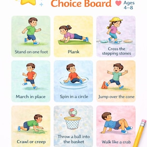 Pu&ograve; includere: Un colorato "Tabellone delle scelte di movimento" per bambini dai 4 agli 8 anni, con illustrazioni di esercizi come planking, salto e gattonamento. Include suggerimenti testuali per ogni attivit&agrave; e una sezione premi.