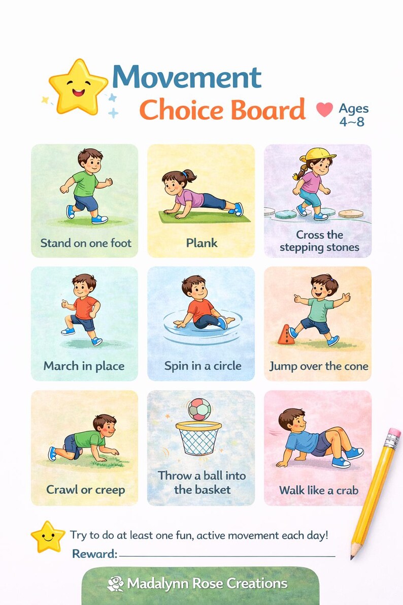 Pu&ograve; includere: Un colorato "Tabellone delle scelte di movimento" per bambini dai 4 agli 8 anni, con illustrazioni di esercizi come planking, salto e gattonamento. Include suggerimenti testuali per ogni attivit&agrave; e una sezione premi.