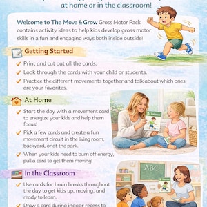 Pu&ograve; includere: Un poster educativo colorato intitolato "The Move & Grow Teacher & Parent Instructions". Fornisce suggerimenti per l'utilizzo di schede di attivit&agrave; motorie a casa o in classe. Il poster presenta illustrazioni di bambini e adulti.