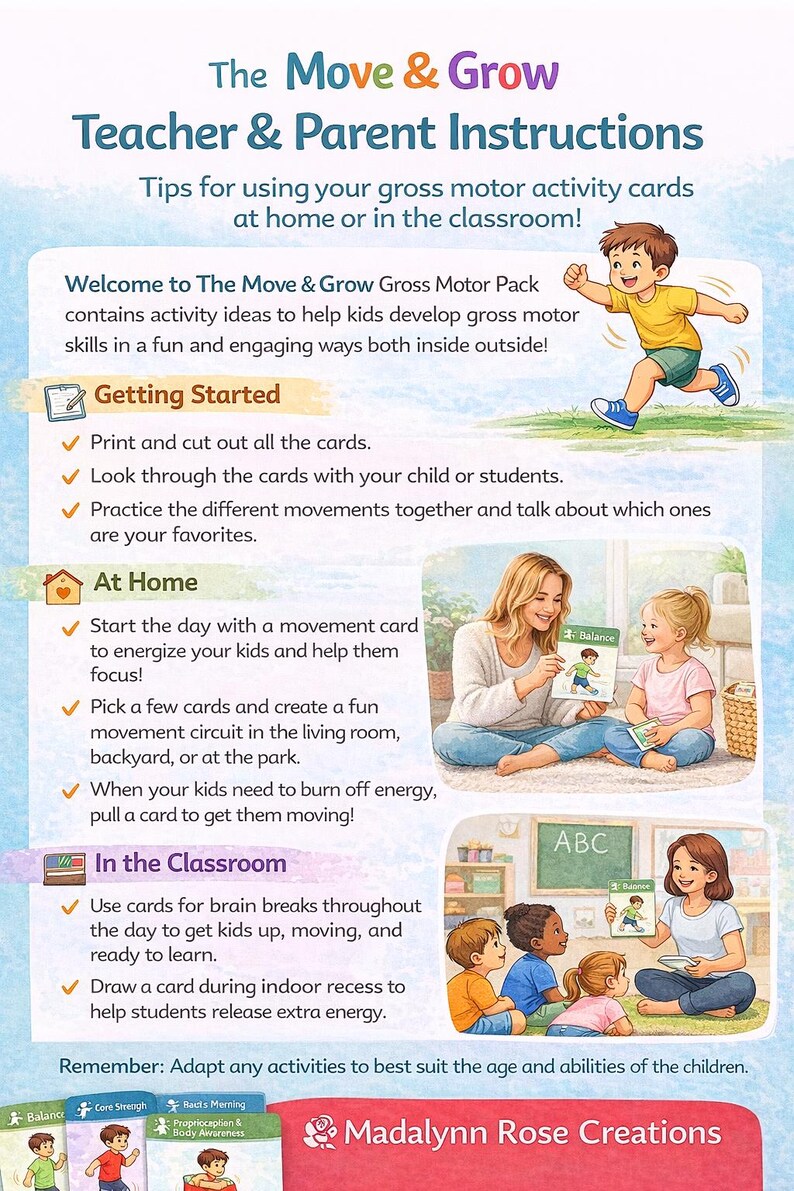 Pu&ograve; includere: Un poster educativo colorato intitolato "The Move & Grow Teacher & Parent Instructions". Fornisce suggerimenti per l'utilizzo di schede di attivit&agrave; motorie a casa o in classe. Il poster presenta illustrazioni di bambini e adulti.
