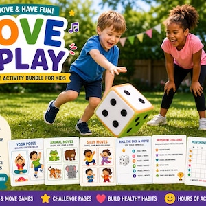 May include: A group of children playing with a large, colorful dice and activity cards. The cards feature yoga poses, animal moves, and silly moves. The text on the cards reads "Roll, Move & Play" and "A Movement Activity Bundle for Kids."