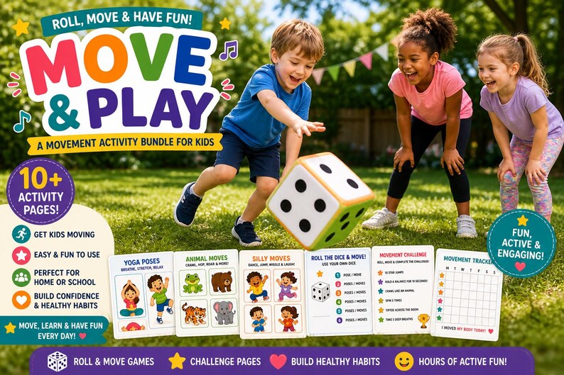 May include: A group of children playing with a large, colorful dice and activity cards. The cards feature yoga poses, animal moves, and silly moves. The text on the cards reads "Roll, Move & Play" and "A Movement Activity Bundle for Kids."