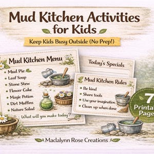 Kit imprimible de cocina de barro para niños / Actividad de juego al aire libre / Recetas, menú y letreros para juegos en la naturaleza / Juego sensorial para niños pequeños / Montessori al aire libre