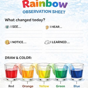 May include: A Walking Water Rainbow observation sheet featuring a sun, rainbow, and five glasses of colored water connected by paper towels. The page includes sections for Name, Date, What changed today, I SEE, I HEAR, I NOTICE, I LEARNED, and DRAW & COLOR.