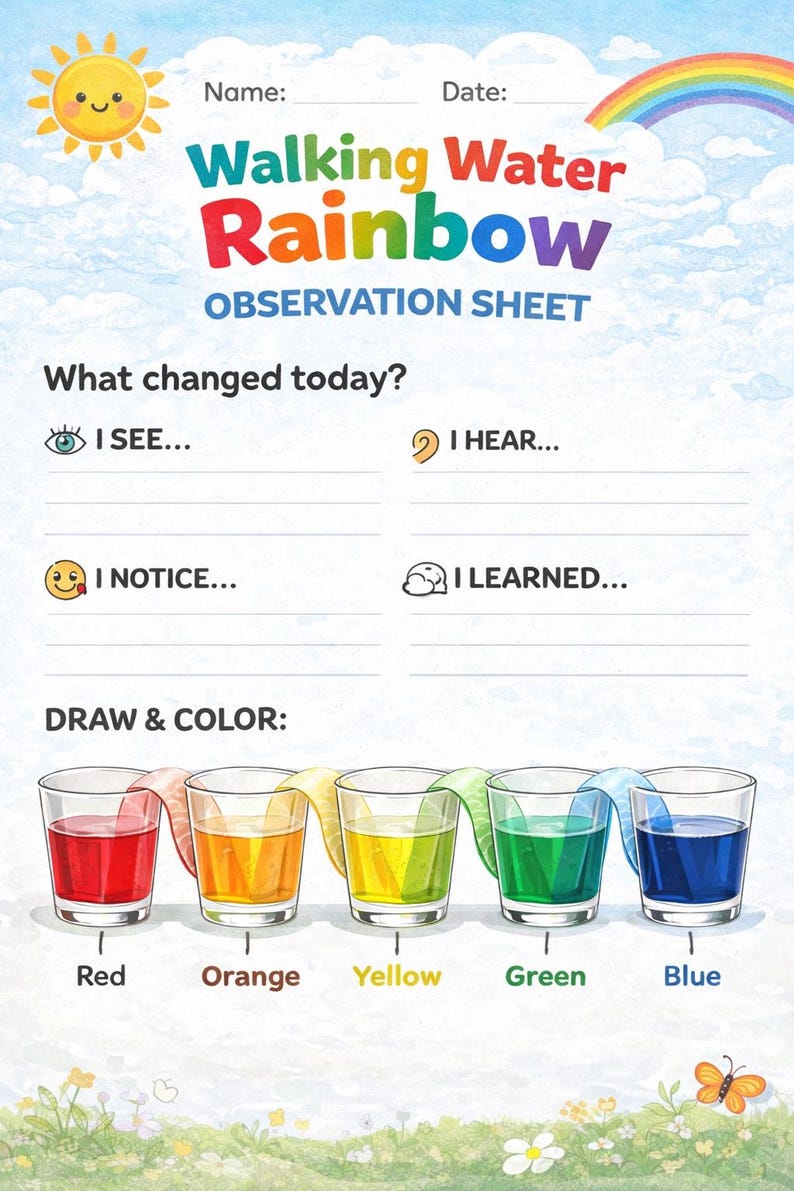 May include: A Walking Water Rainbow observation sheet featuring a sun, rainbow, and five glasses of colored water connected by paper towels. The page includes sections for Name, Date, What changed today, I SEE, I HEAR, I NOTICE, I LEARNED, and DRAW & COLOR.