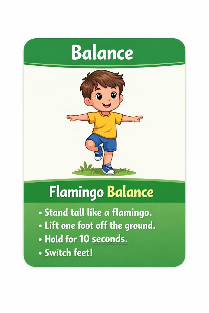 Pu&ograve; includere: Illustrazione colorata di un bambino in equilibrio su un piede, con le braccia tese. La carta riporta "Balance" in alto e "Flamingo Balance" in basso. Le istruzioni includono stare in piedi, sollevare un piede, tenere per 10 secondi e cambiare piede.