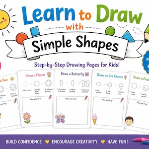 Può includere: Un set di attività di disegno per bambini intitolato "Learn to Draw with Simple Shapes". Il set include pagine di disegno passo-passo per bambini dai 4 agli 8 anni, con illustrazioni di un sole, un fiore, una farfalla, un gelato e una faccia amichevole.