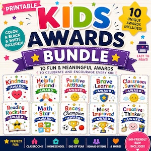 May include: A printable Kids Awards Bundle graphic with colorful text and illustrations. The bundle includes 10 unique awards for various achievements, such as kindness, helpfulness, and positive attitude. The design is suitable for classrooms, homeschooling, and reward systems.