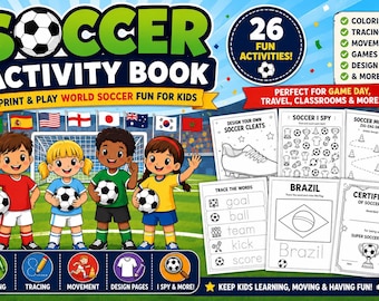 Libro di attività calcistiche per bambini / Materiale stampabile per i Mondiali: disegni da colorare, da ricalcare e giochi di movimento