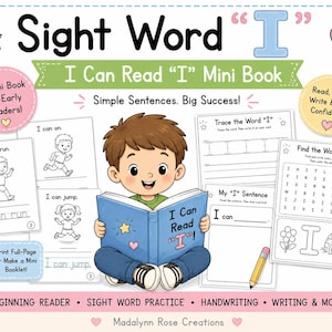 Può includere: Un set educativo stampabile per lettori principianti incentrato sulla parola I. Include un mini libro, schede di tracciamento e attività di ricerca parole con illustrazioni di bambini, una matita, un fiore e un igloo. Il testo include Sight Word I, I Can Read I Mini Book e Simple Sentences. Big Success!