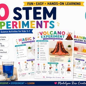 Puede incluir: Un conjunto digital imprimible titulado 10 STEM EXPERIMENTS con actividades científicas para niños. El documento incluye instrucciones para un experimento de volcán, leche mágica y agua arcoíris con texto e ilustraciones coloridas.