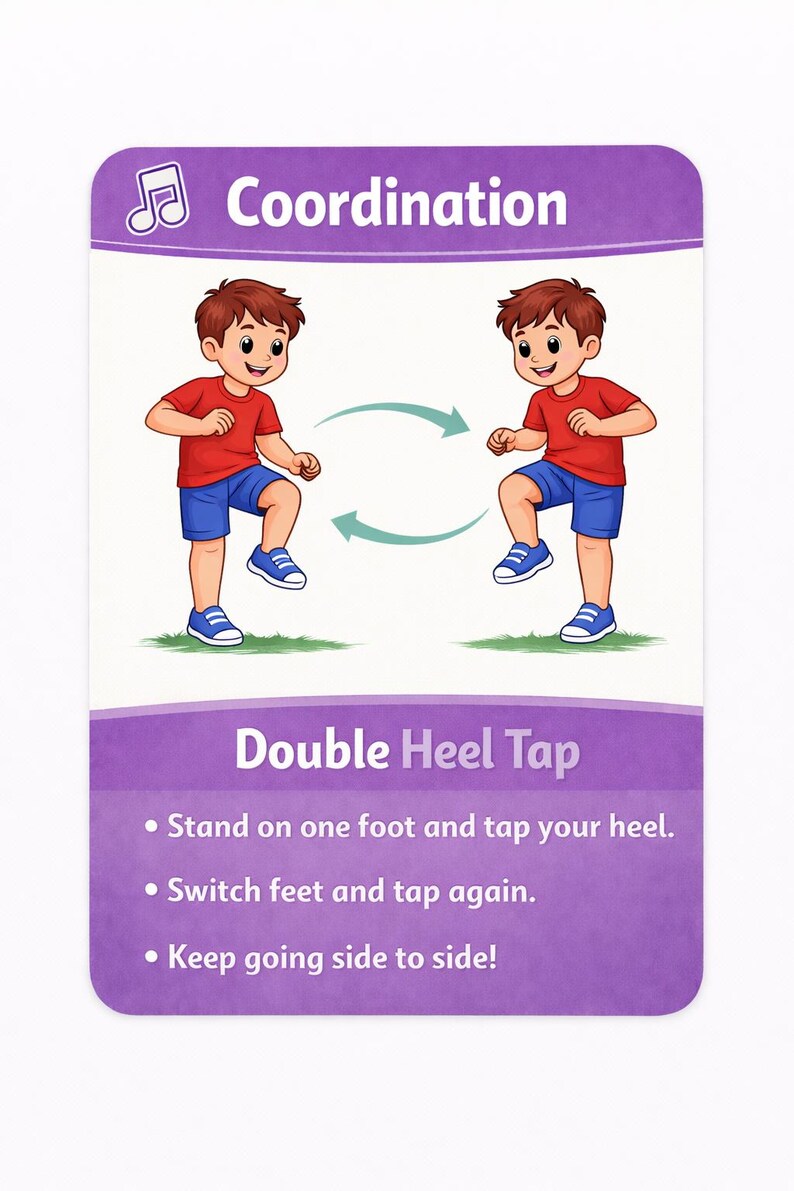 Pu&ograve; includere: Una carta rettangolare con la parola "Coordinazione" e un'icona di nota musicale in alto. La carta illustra un esercizio "Double Heel Tap" con istruzioni. Due personaggi dei cartoni animati con camicie rosse e pantaloncini blu dimostrano l'esercizio.