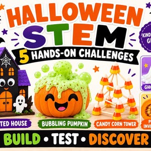 May include: A Halloween STEM educational activity set featuring five hands-on challenges. The image displays a purple haunted house, a pumpkin with green slime, a candy corn tower, a ghost slime, and a pumpkin investigation with a magnifying glass.