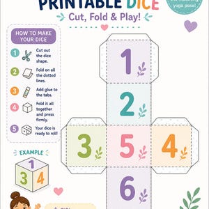 May include: A printable dice template with instructions for cutting, folding, and playing. The design features numbers 1-6 in various colors, along with an example of a completed die. Includes a tip for durability.
