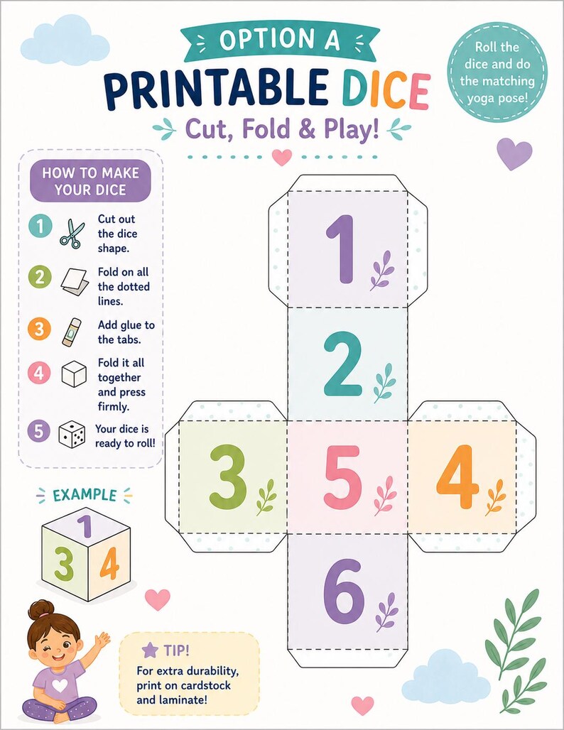May include: A printable dice template with instructions for cutting, folding, and playing. The design features numbers 1-6 in various colors, along with an example of a completed die. Includes a tip for durability.