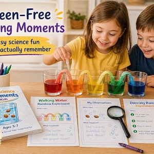 May include: A science activity kit for children featuring a book titled Simple Science Experiments for Kids, three experiment worksheets, a magnifying glass, and five clear glasses filled with colored water connected by paper towels.