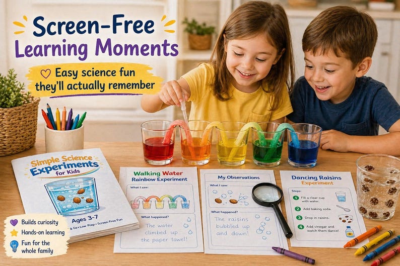 May include: A science activity kit for children featuring a book titled Simple Science Experiments for Kids, three experiment worksheets, a magnifying glass, and five clear glasses filled with colored water connected by paper towels.