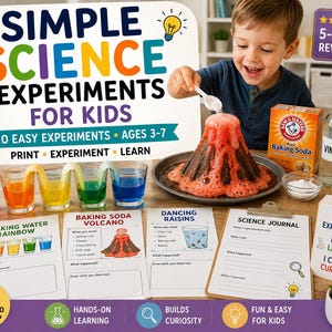 May include: A set of printable science experiment activity sheets for children, featuring instructions for a baking soda volcano, walking water rainbow, and dancing raisins, alongside a science journal, baking soda, vinegar, and a volcano model.