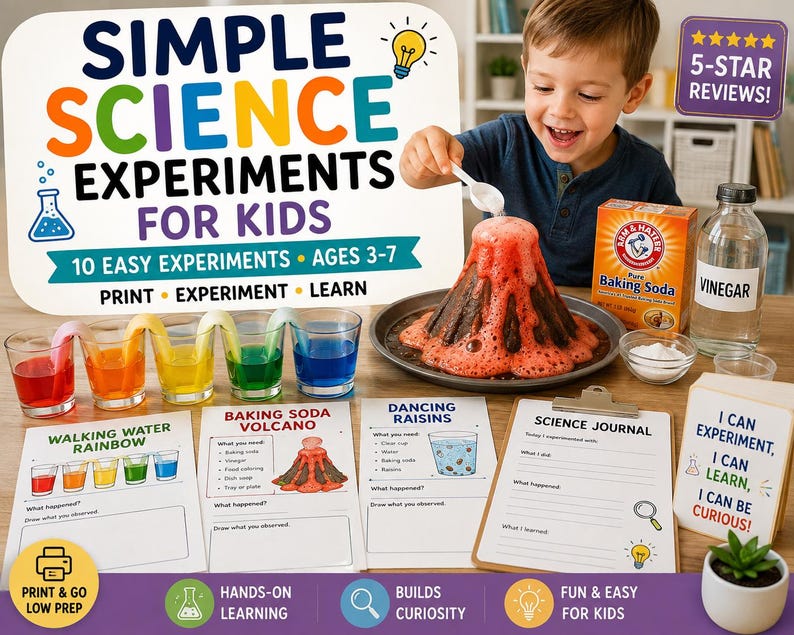 May include: A set of printable science experiment activity sheets for children, featuring instructions for a baking soda volcano, walking water rainbow, and dancing raisins, alongside a science journal, baking soda, vinegar, and a volcano model.