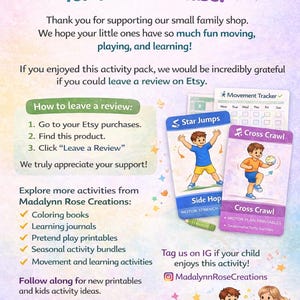 Pu&ograve; includere: Grafica colorata con il testo "Thank You for Your Purchase!" e informazioni su Madalynn Rose Creations. Include schede attivit&agrave; con illustrazioni di bambini e istruzioni su come lasciare una recensione su Etsy.