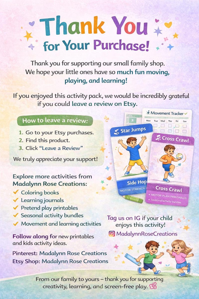 Pu&ograve; includere: Grafica colorata con il testo "Thank You for Your Purchase!" e informazioni su Madalynn Rose Creations. Include schede attivit&agrave; con illustrazioni di bambini e istruzioni su come lasciare una recensione su Etsy.