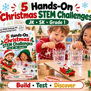 May include: A set of 5 Hands-On Christmas STEM Challenges for JK, SK, and Grade 1 students. The educational resource includes a printed activity guide and a worksheet titled Christmas STEM Challenge #2 Dissolving Candy Canes.