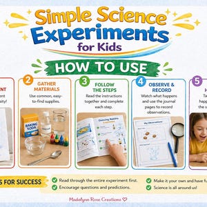 May include: An instructional infographic titled Simple Science Experiments for Kids, outlining five steps: choose an experiment, gather materials, follow the steps, observe and record, and learn and have fun, with accompanying photos and tips for success.