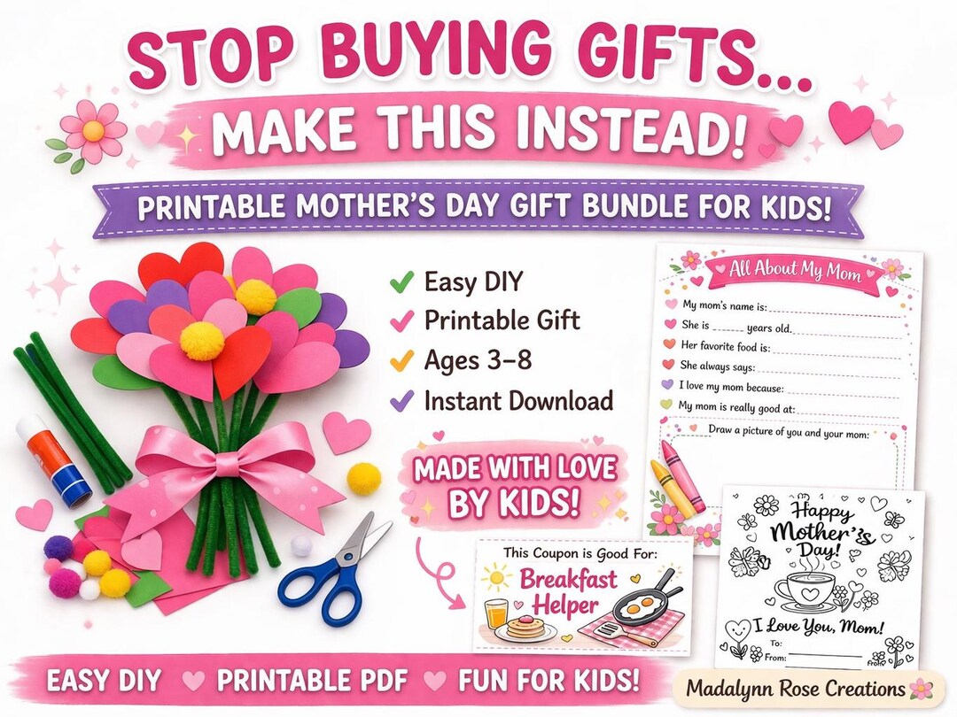 Mother’s Day Gift From Kids Printable | DIY Flower Craft, Coupons, Card ...