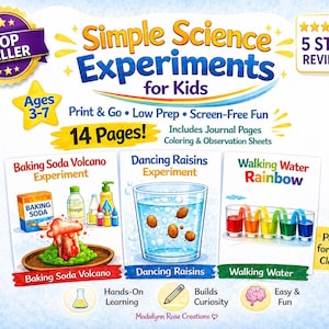 Może przedstawiać: Kolorowa grafika edukacyjna dla dzieci, zatytułowana "Simple Science Experiments". Zawiera ilustracje eksperymentów, takich jak wulkan z sody oczyszczonej, tańczące rodzynki i chodząca tęcza wodna. Zawiera strony dziennika i kolorowanki. Wiek 3-7.