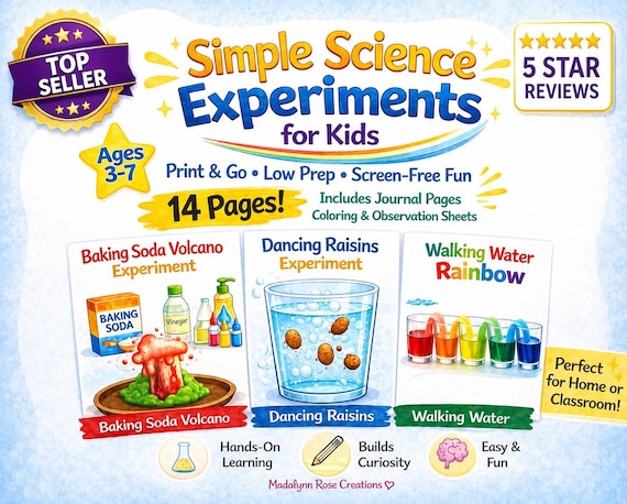 Simple Science Experiments Printable | STEM Activity Bundle | Preschool Kindergarten Homeschool | Volcano Dancing Raisins Walking Water