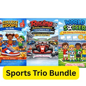 May include: A sports-themed activity book bundle for kids. The set includes coloring books focused on basketball, racing, and soccer. Each book features colorful illustrations and is designed for children ages 4-12. The bundle is labeled "Sports Trio Bundle."