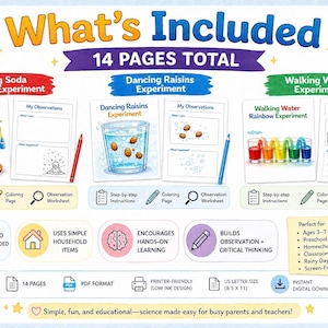 May include: A 14-page educational science experiment printable set featuring instructions, coloring pages, and observation worksheets for Baking Soda Volcano, Dancing Raisins, and Walking Water experiments. Includes US letter size 8.5 x 11 inch PDF files.