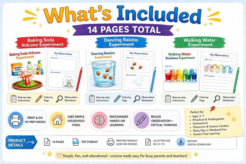 May include: A 14-page educational science experiment printable set featuring instructions, coloring pages, and observation worksheets for Baking Soda Volcano, Dancing Raisins, and Walking Water experiments. Includes US letter size 8.5 x 11 inch PDF files.