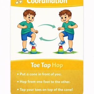 Pu&ograve; includere: Una carta gialla con la parola "Coordinazione" e un'icona a forma di nota musicale. Due ragazzi dei cartoni animati sono raffigurati mentre saltano sui coni. Il testo "Toe Tap Hop" &egrave; sotto, con le istruzioni su come eseguire l'esercizio.
