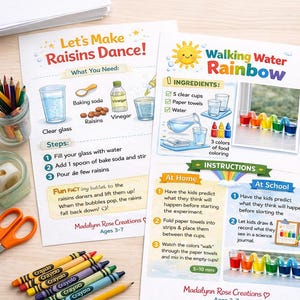 May include: Two educational science experiment activity sheets titled Let's Make Raisins Dance and Walking Water Rainbow. The pages feature colorful illustrations, step-by-step instructions, and ingredient lists for children ages 3-7 by Madalynn Rose Creations.