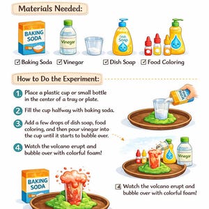 May include: An educational infographic titled Baking Soda Volcano Experiment. It lists materials including baking soda, vinegar, dish soap, and food coloring. It provides four numbered steps with illustrations showing how to mix these items in a cup to create a bubbling eruption on a tray. The text includes Madalynn Rose Creations and Ages 3-7.